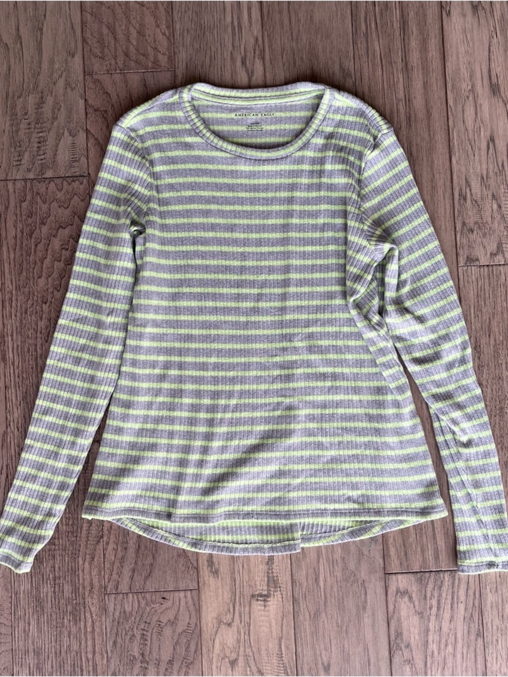 American Eagle Gray and Lime Striped Ribbed Long Sleeve Top
